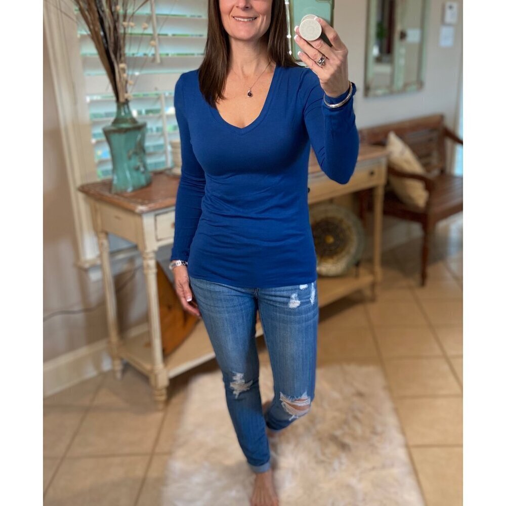 PLUS V Neck Long Sleeve Soft Slimming Fitted Basic Casual Baby Top Blue